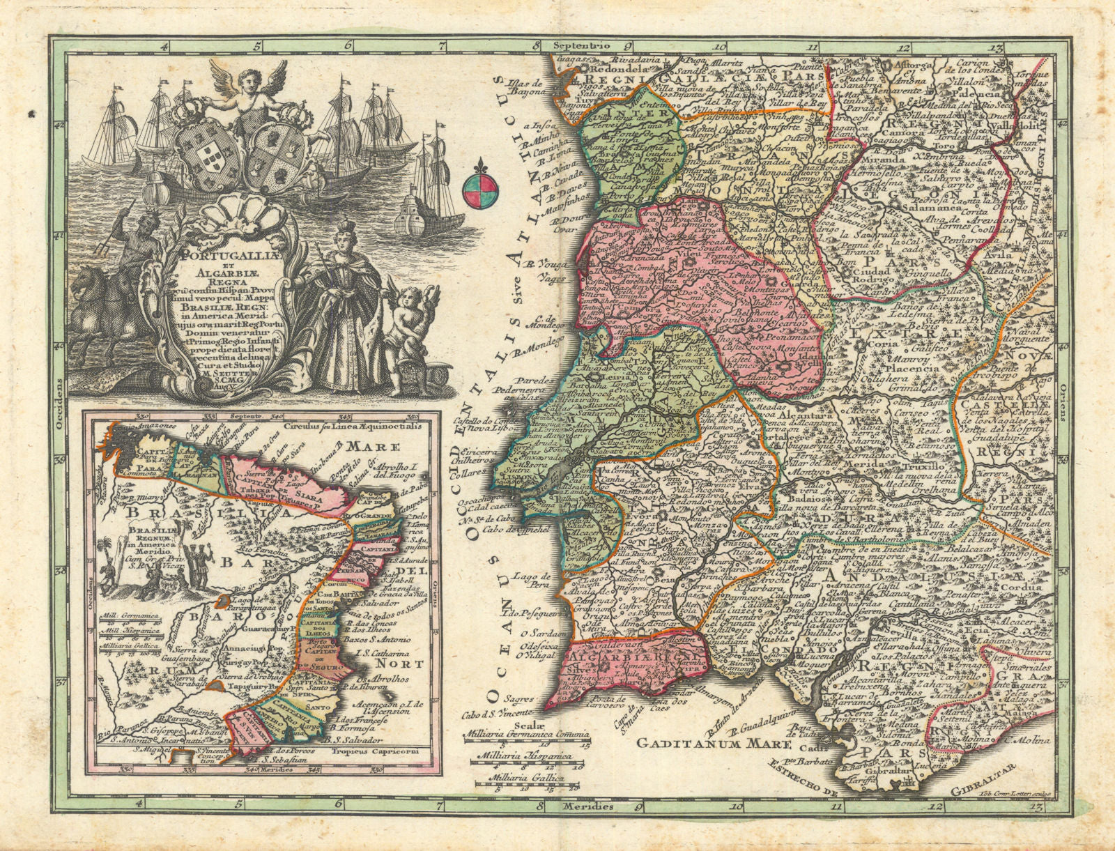 Portugalliae et Algarbiae Regna… Brasiliae. Portugal & Brazil. Seutter c1744 map